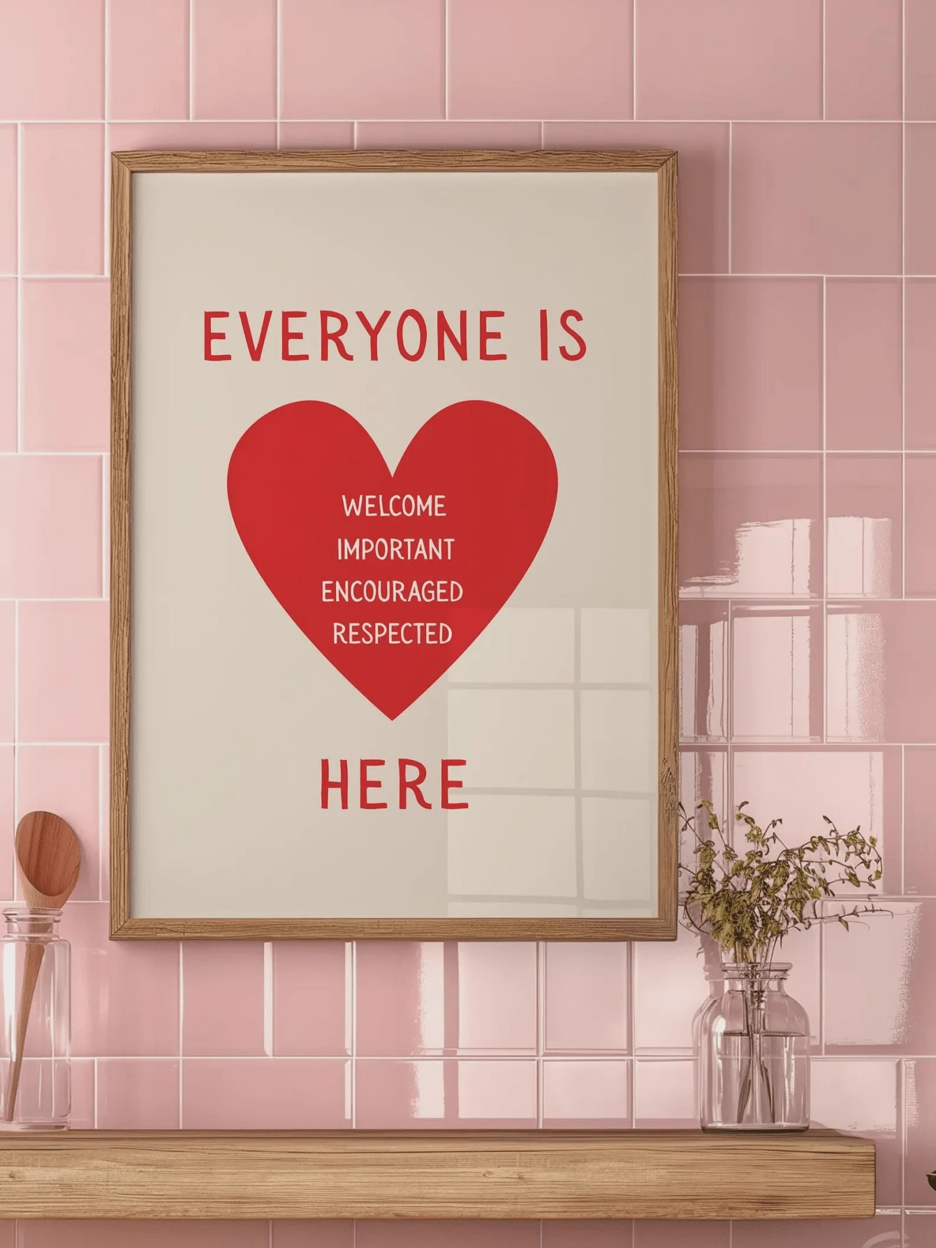 1 pièce Bienvenue à tous ! Matériau imprimé, affiche de diversité et d'inclusion, cœur rouge vif sur fond beige, transmettant le message "Tout le monde est le bienvenu". Décoration pour conseiller scolaire, art mural pour salle de thérapie, encadré ou non encadré - Affiche de citation - Voir 1