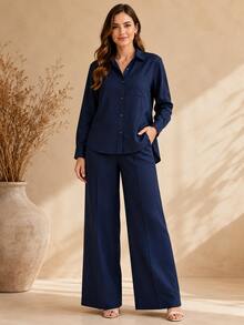 Women's Viscose Linen Set: Long-Sleeved Shirt With Buttons + Lined Wide-Leg Pants. Lightweight And Breathable Fabric. Elegant Casual Look For Work, Outings, And Everyday Wear. - 藏蓝色 - 查看 10