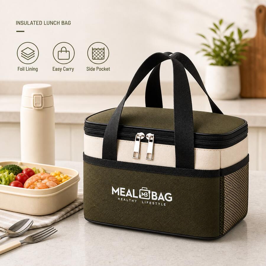 Green Rectangular Insulated Lunch Bag, Large Capacity Thermal Bento Tote With Thickened Foil Lining, Side Mesh Pocket, Double Zipper Wide Opening, Water-Resistant Stain-Resistant 3-Layer Cooler Bag For Office School Picnic Beach Vacation Travel - Multicolor - View 1