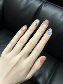 10PCS Handmade Press On Nails, Short Square Nude Cat Eye Fake Nails With 3D Flower & Rhinestone Charms, Glitter Shimmer False Nails, Glossy Reusable Nails For Women - Multicolor - View 5