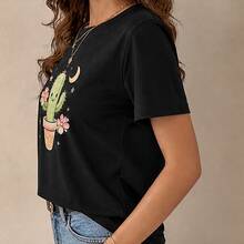 Playera mujer con cactus cute, camiseta estampada manga corta, blusa casual cuello redondo de algodón, cómoda para verano, playa, viaje y diario - Negro - Ver 2