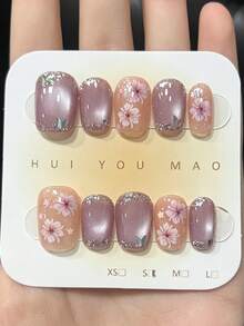 10PCS Handmade Press On Nails, Short Square Purple & Nude Cat Eye Fake Nails With Glitter Tips & Hand-Painted Floral Design, Glossy False Nails, Reusable Nails For Women - Multicolor - View 1