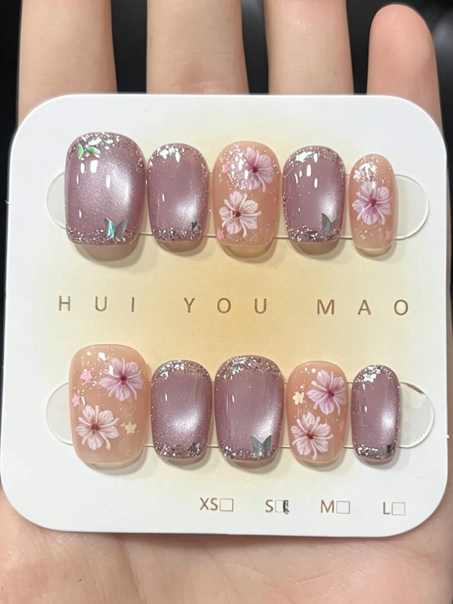 10PCS Handmade Press On Nails, Short Square Purple & Nude Cat Eye Fake Nails With Glitter Tips & Hand-Painted Floral Design, Glossy False Nails, Reusable Nails For Women - Multicolor - View 1