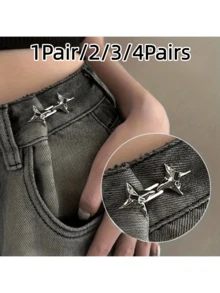 1Pair/2/3/4Pairs Adjustable Belt Clip, Seamless Jeans Tightener, Removable Star Rhinestone Denim Belt Buckle, Metal Belt Tightener, Suitable For Pants And Skirts - Silver/Black - Multicolor - View 12