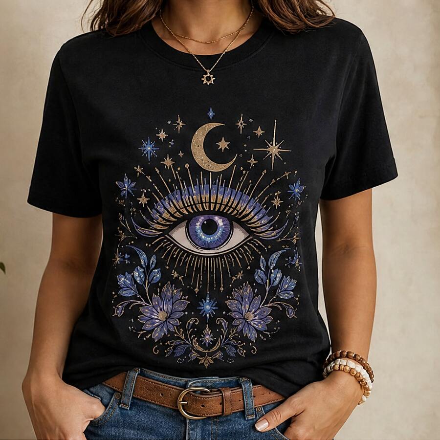Playera para mujer ojo místico, camiseta estampada manga corta, blusa casual cuello redondo, algodón suave para festival, diario y regalo - Negro - Ver 1