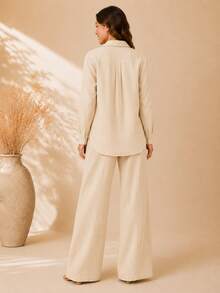 Women's Viscose Linen Set: Long-Sleeved Shirt With Buttons + Lined Wide-Leg Pants. Lightweight And Breathable Fabric. Elegant Casual Look For Work, Outings, And Everyday Wear. - 米色 - 查看 7