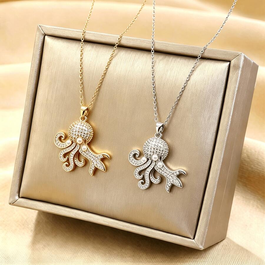 1pc Stainless Steel Chain Pearl Ocean Octopus Pendant Women's Fashion Necklace Jewelry, Gift Accessory - Style a - View 1