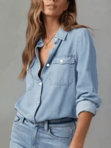 New Fashionable Casual Solid Color Washed Denim Shirt - Suitable For School, Vacation, Daily Wear, All Season Spring - Light Wash - View 4