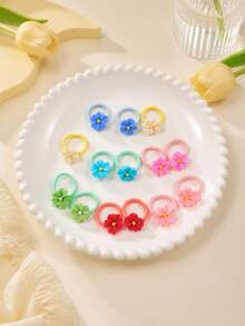 14pcs Non Damaging Hair Colored Flower Thread Hair Rope Cute Thumb Hairband Cute Headband Hair Accessories (Color Random) - Multicolor - View 2