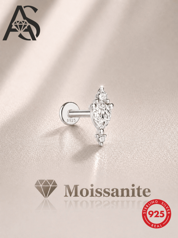AnlaScheer 1pc 925 Sterling Silver Flat Stud Earring, Geometric Pear Cut Moissanite Style, Rhodium Plated. Exquisite And Fashionable Design, Silver Texture, Hypoallergenic And Skin-Friendly, Suitable For Daily Wear, Parties, Weddings, Mother's Day And Other Occasions, Ideal Gift For Women.