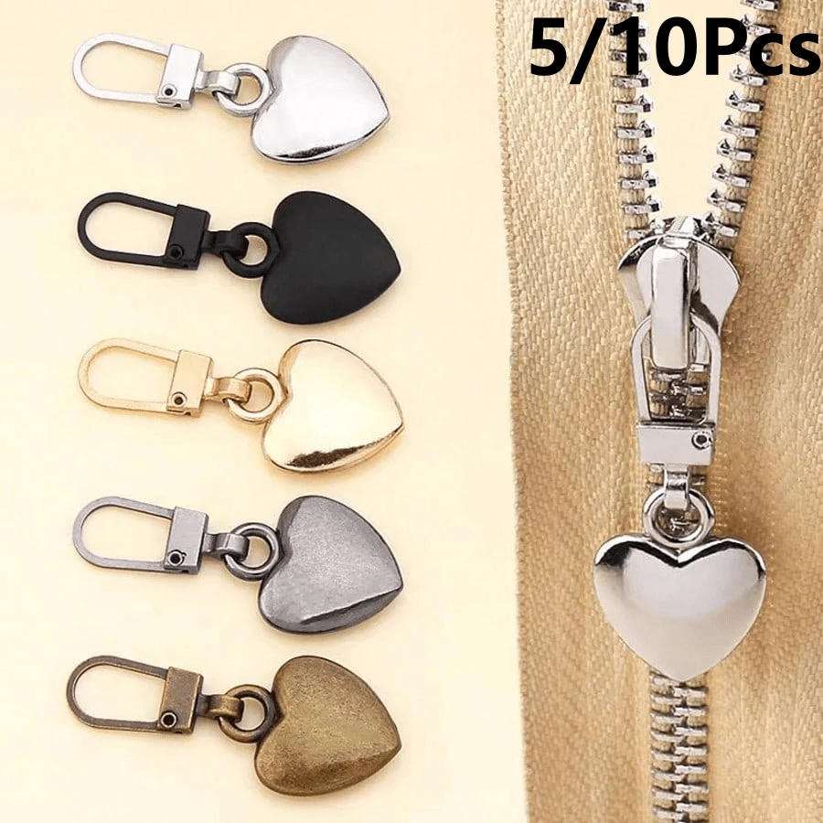 5/10Pcs Heart-Shaped Multi-Functional Metal Detachable Zipper Pull Replacement Tags Zipper Slider Repair Kit, For Luggage Handbags Backpacks Coats