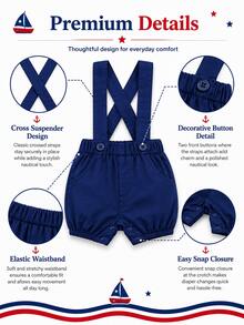 H HIBOBI 2pcs/Set Baby Boy Sailboat Printed Short Sleeve Romper And Dungaree Shorts Set For Spring/Summer - Royal Blue - View 4