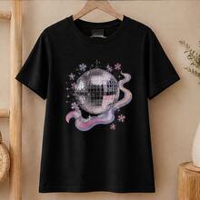 Playera mujer con bola disco retro, camiseta estampada de manga corta, blusa casual de algodón, cuello redondo para fiesta, concierto y diario - Negro - Ver 4