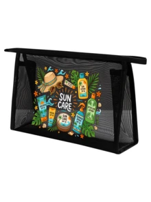 網格化妝包夏季防曬主題彩妝包，印有「Sun Care」字樣防曬產品，多功能化妝收納袋，便攜式彩妝包，護膚包，化妝品收納袋，學校用品收納袋，海灘必備 - 彩色 - 查看 16