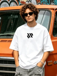Camicia casual estiva da uomo con collo rotondo morbido e maniche corte, stampa geometrica minimalista nera, abbigliamento casual. Bianco - Bianco - Visualizzare 4
