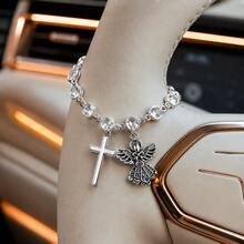 Car Steering Wheel Crystal Chain Hanging Ornament, Silver Angel And Cross Pendant Sparkling Rhinestone Car Interior Accessory - A - View 10