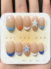 10PCS Handmade Press On Nails, Short Square Nude French Fake Nails With Multicolor Tips, Star & Polka Dot Design, Glossy Reusable False Nails For Women - Multicolor - View 1