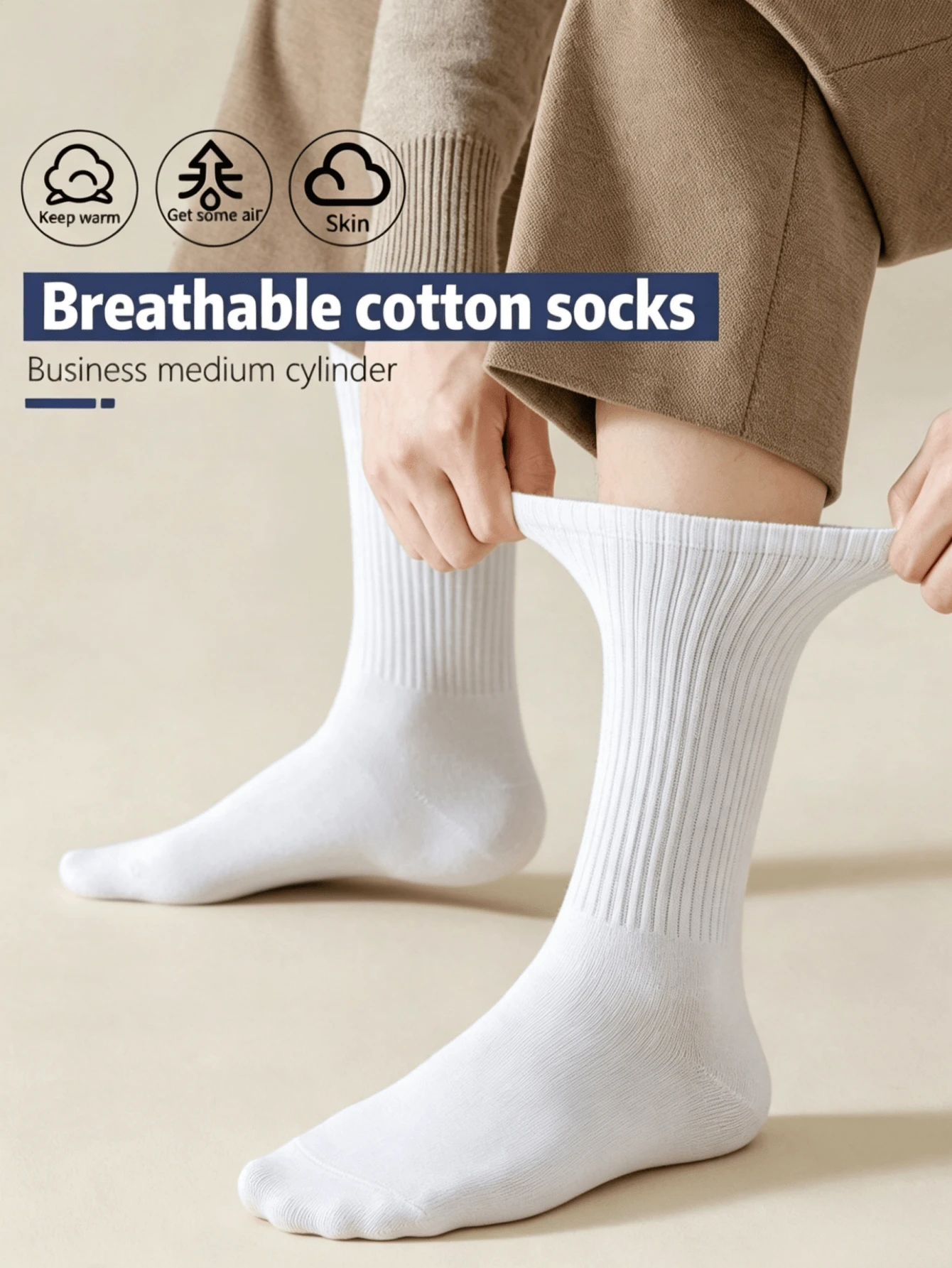 5 Pairs Men's White Mid-Calf Socks, Odor-Resistant, Sweat-Absorbent, Cotton, Skin-Friendly, Comfortable, Solid Color, Versatile, Business Black Long Socks, Spring Casual Student Sports Socks - Multicolor - View 1