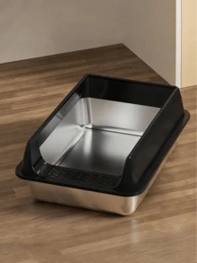 1pc Large Semi-Enclosed Stainless Steel Cat Litter Box, High Splash-Proof Side Kitty Toilet With Litter Trapping Pedal, Non-Stick Easy Clean Metal Cat Potty For Adult Large Cats & Multi-Cat Household - one-size - View 9