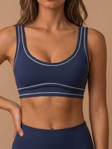 ATTRACO Contrast Color Brushed Yoga Sports Bra, Racerback Design For Running, Fitness, Yoga - Blue - View 4