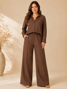 Women's Viscose Linen Set: Long-Sleeved Shirt With Buttons + Lined Wide-Leg Pants. Lightweight And Breathable Fabric. Elegant Casual Look For Work, Outings, And Everyday Wear. - 摩卡棕 - 查看 9
