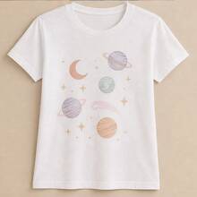 Camiseta mujer manga corta con planetas y estrellas, playera estampada casual, cuello redondo, cómoda para escuela, paseo y uso diario - Blanco - Ver 4
