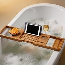 LIVINGANDHOME Bamboo Bath Tray, Bathtub Caddy, Bath Shelf, Extendable Design Multi Storage Racks, Natural Bamboo Durable Organizer For Bathroom Tub Relaxing Use, Brown - Wood Color - View 2