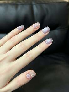 10PCS Handmade Press On Nails, Short Square Purple & Nude Cat Eye Fake Nails With Glitter Tips & Hand-Painted Floral Design, Glossy False Nails, Reusable Nails For Women - Multicolor - View 2