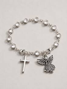 Car Steering Wheel Crystal Chain Hanging Ornament, Silver Angel And Cross Pendant Sparkling Rhinestone Car Interior Accessory - A - View 5