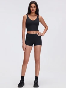 Shorts ajustados de cintura alta para mujer, costuras simples - Negro - Ver 6