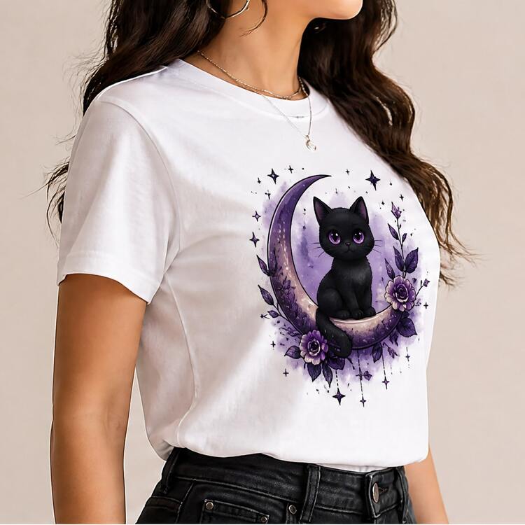 Camiseta mujer manga corta con gato y luna, playera estampada casual, cuello redondo, suave para uso diario, fiesta, paseo y regalo - Blanco - Añade 2