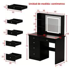 Vanity Dressing Table With Adjustable LED Lighting, Makeup Dressing Table With 5 Drawers And 3 Open Shelves, Makeup Table, Adjustable Illuminated Touchscreen Mirror - Negro-Izquierda - 查看 2