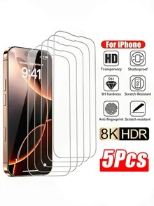 5片裝 HDR 鋼化玻璃螢幕保護貼 適用於 iPhone 17/16/15/14/13/12/11 Pro Max，9H 硬度 HD 高透明 防碎 防指紋 耐刮 保護膜 - 無色 - 查看 1