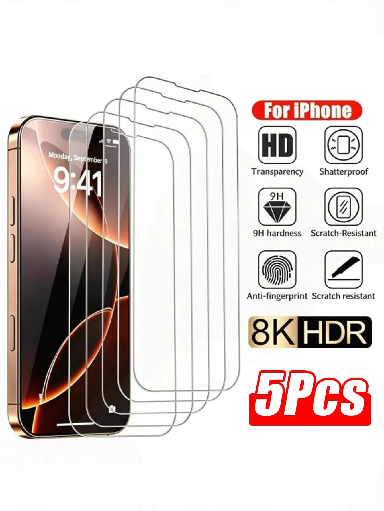 5片裝 HDR 鋼化玻璃螢幕保護貼 適用於 iPhone 17/16/15/14/13/12/11 Pro Max,9H 硬度 HD 高透明 防碎 防指紋 耐刮 保護膜 - 無色 - 查看 1