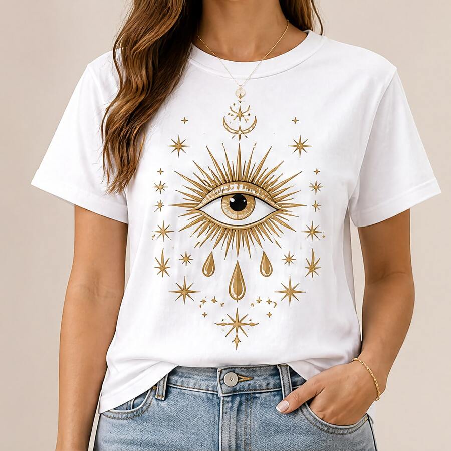 Playera mujer estampada con ojo místico y estrellas, camiseta manga corta casual, cuello redondo, cómoda para look bohemio diario - Blanco - Ver 1