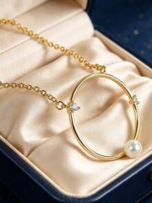 Women's Gold-Plated Round Faux Pearl Rhinestone Pendant Necklace, Minimalist Versatile Style, Suitable For Daily Commute And Workplace Outfits, Ideal Gift For Fashion Enthusiasts - Gold - View 2