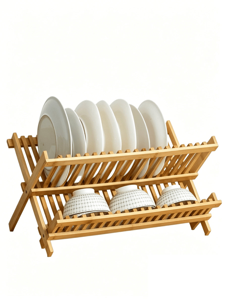 1pc Foldable Double-Layer Bamboo Dish Rack For Kitchen, Water-Draining Storage Shelf For Tableware, Chopsticks And Bowls For Home Use.