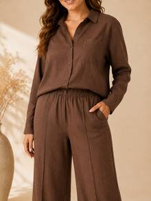 Women's Viscose Linen Set: Long-Sleeved Shirt With Buttons + Lined Wide-Leg Pants. Lightweight And Breathable Fabric. Elegant Casual Look For Work, Outings, And Everyday Wear. - 摩卡棕 - 查看 4