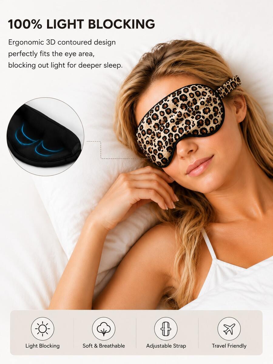 Classic Yellow Brown Leopard Print Satin Sleep Eye Mask With Storage Bag, Soft Light Blocking Eye Cover For Travel - Gold - View 1