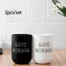 2 cốc súc miệng di động, chất liệu nhựa, dùng đựng bàn chải đánh răng tại nhà/khách sạn, phụ kiện phòng tắm, trang trí nhà cửa, trang trí mùa thu, trang trí mùa tựu trường. - Đen và trắng - Xem 6