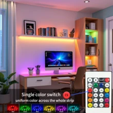 1入夢幻色RGB LED燈條，多色同步顯示，15種動態模式，24鍵紅外線遙控器，5V USB供電，自黏式燈條，適用於客廳照明、派對與展示架裝飾 - 24-Key 5050 Dream Color - 查看 4