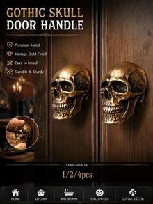 1/2/4 piezas Tiradores de puerta con diseño de calavera gótica - Diseño de calavera de metal dorado, adecuado para el hogar, la cocina o el baño, decoración de pared vintage, decoración del hogar gótica | Decoración del hogar para Halloween | Decoración de tirador de puerta para Halloween | Tirador de metal, decoración de calavera - Bronce - Ver 1
