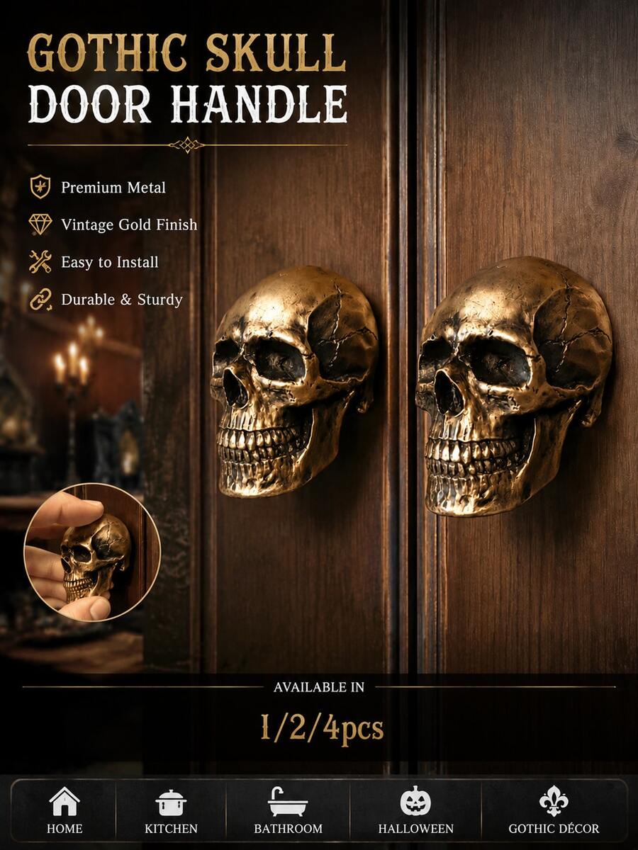 1/2/4 piezas Tiradores de puerta con diseño de calavera gótica - Diseño de calavera de metal dorado, adecuado para el hogar, la cocina o el baño, decoración de pared vintage, decoración del hogar gótica | Decoración del hogar para Halloween | Decoración de tirador de puerta para Halloween | Tirador de metal, decoración de calavera - Bronce - Ver 1