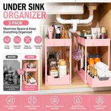 Euuztu Under Sink Organizer 2 Pack, Sink Pull-Out Sliding Storage Cabinet, 2-Tier Under Shelf Organizer Kitchen Bathroom, Pink - Pink - View 1