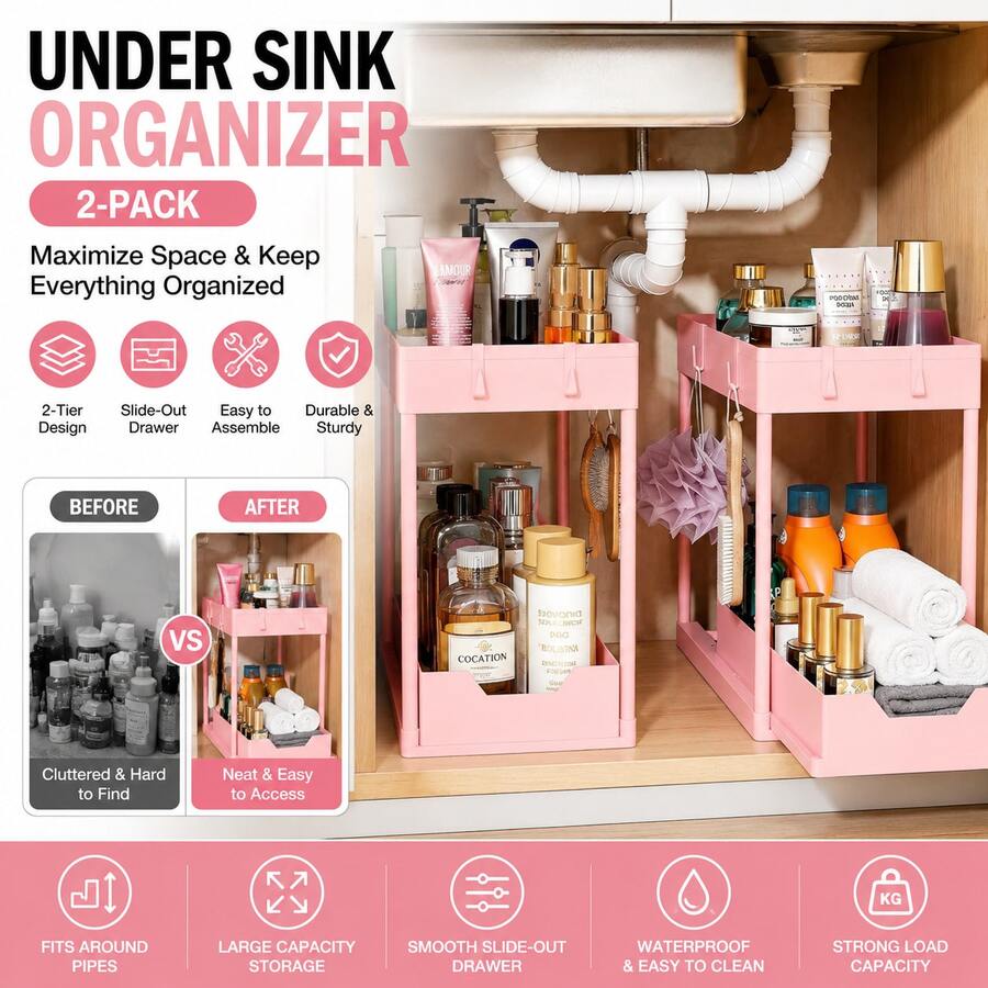 Euuztu Under Sink Organizer 2 Pack, Sink Pull-Out Sliding Storage Cabinet, 2-Tier Under Shelf Organizer Kitchen Bathroom, Pink - Pink - View 1