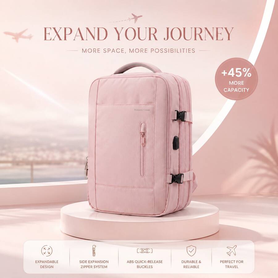 LUMSUME Unisex 15.6-17.3 Laptop Backpack, Expandable Carry On W/USB Port, Anti-Theft Pocket & Multi-Compartment For Business Travel College Daily Use - 粉色 - 查看 1