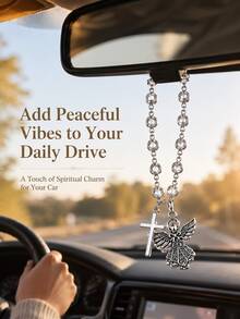 Car Steering Wheel Crystal Chain Hanging Ornament, Silver Angel And Cross Pendant Sparkling Rhinestone Car Interior Accessory - A - View 1
