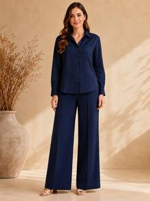 Women's Viscose Linen Set: Long-Sleeved Shirt With Buttons + Lined Wide-Leg Pants. Lightweight And Breathable Fabric. Elegant Casual Look For Work, Outings, And Everyday Wear. - 藏蓝色 - 查看 2