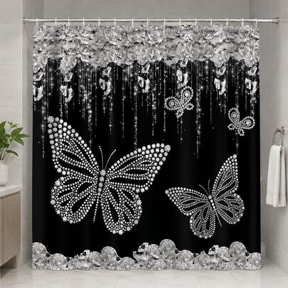 Shining Black Diamond Shower Curtain, Stunning Shower Curtain, Bathroom Decoration Accessory, Universal For All Seasons, 2D Flat Printed Shower Curtain, Without Hooks