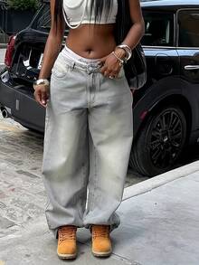 Women's American-Style Low-Rise Wide-Leg Jeans, Y2K Millennial Style Distressed Washed Loose Floor-Length Wide-Leg Pants - Grey - View 1